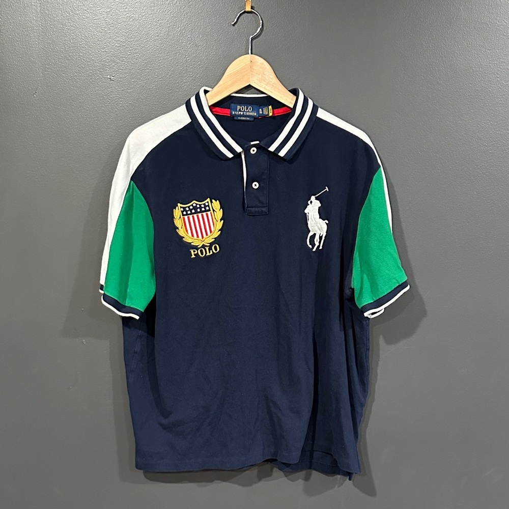 Polo by Ralph Lauren Navy Polo with Green Sleeve Panels and White Trim